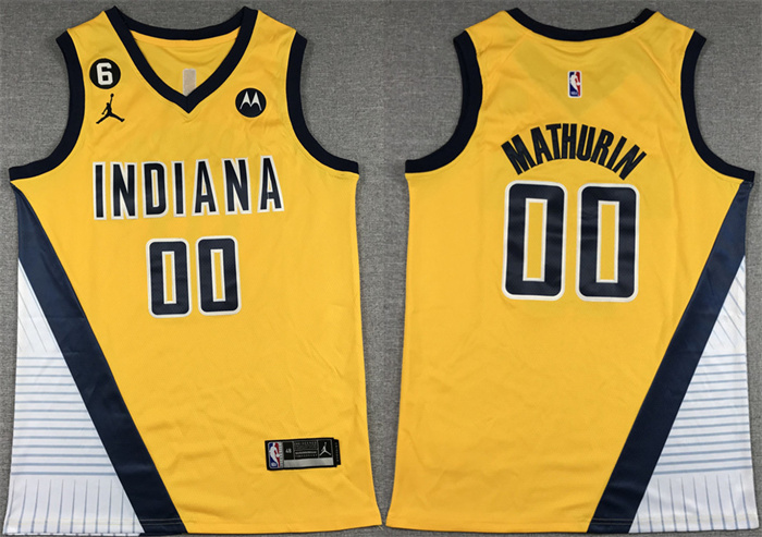 Men's Indiana Pacers #00 Bennedict Mathurin Yellow With NO.6 Patch Stitched Basketball Jersey - Click Image to Close